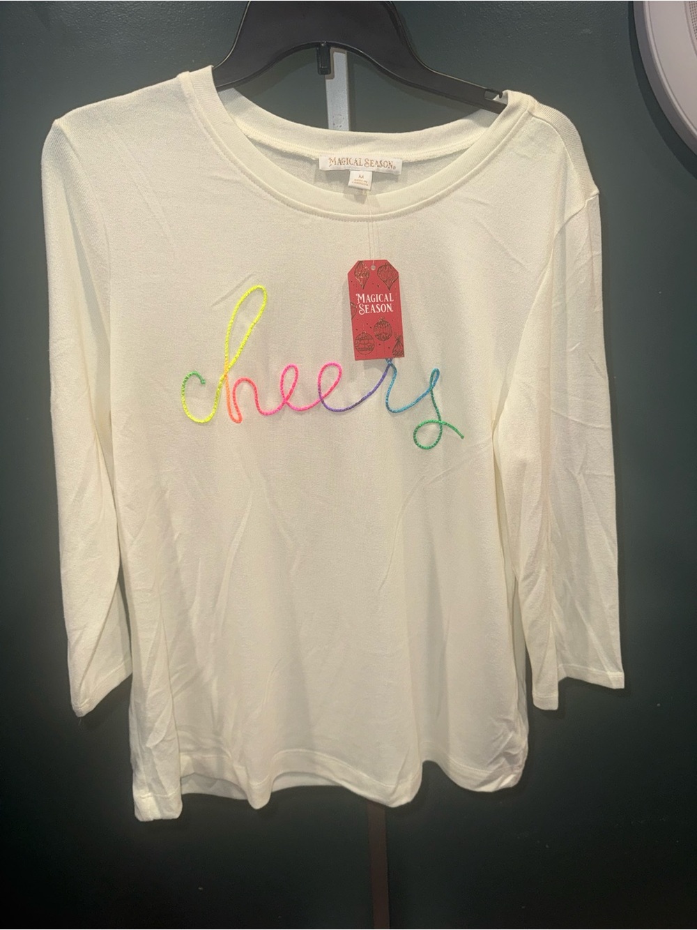 Women's 'Cheers' Embroidered Long Sleeve Tee - White